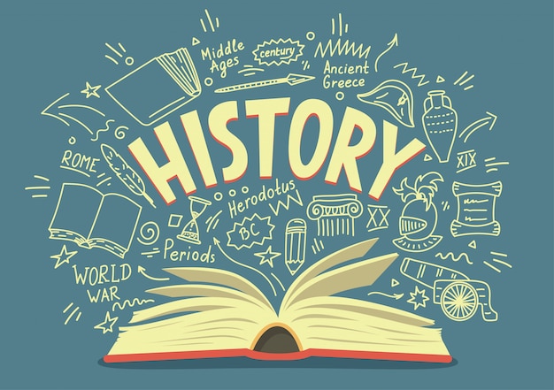 Vector libro abierto con garabatos de historia y letras. ilustración de educación.