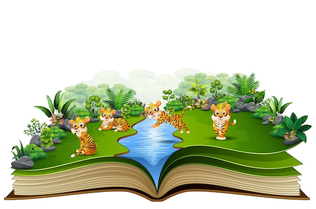 Vector libro abierto con grupo de dibujos animados de tigre