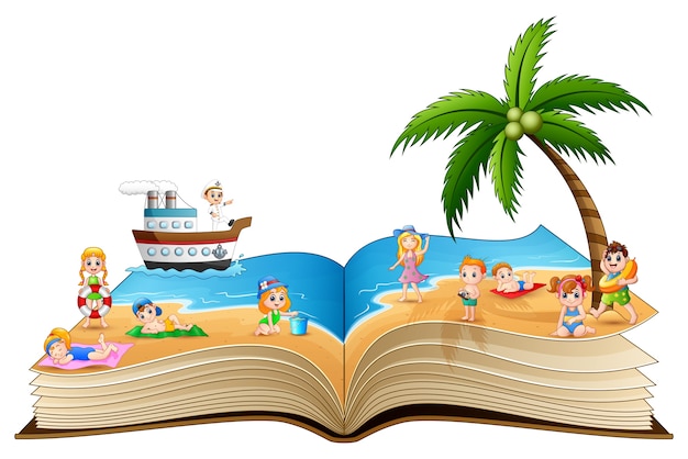 Libro abierto con grupo de niños felices en la playa