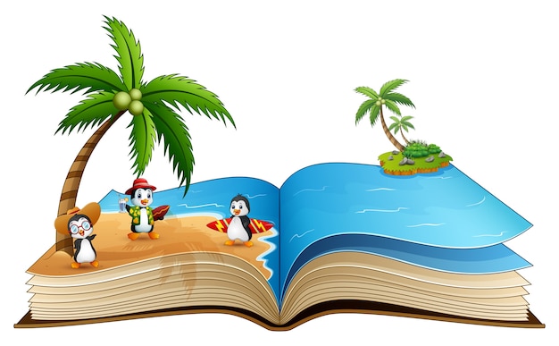 Libro abierto con grupo de pingüinos de surf de dibujos animados en la playa