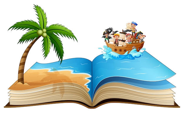 Libro abierto con grupo de piratas en la playa
