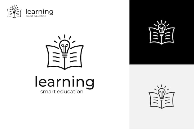 Libro abierto con icono de logotipo de bombilla diseño idea creativa concepto para nuevo conocimiento símbolo vectorial de línea gráfica