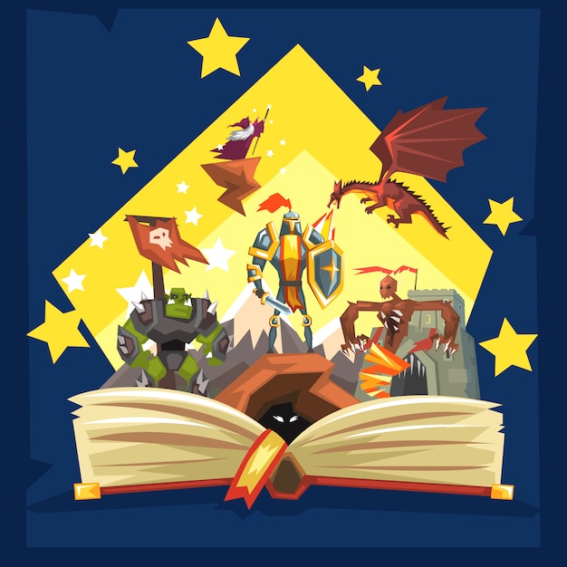 Vector libro abierto con leyenda, libro de fantasía de cuento de hadas con caballeros, dragón, mago, concepto de imaginación