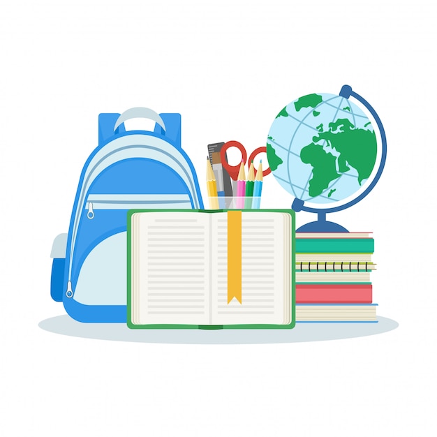 Libro abierto con un marcador, una pila de libros y cuadernos, cartera, globo, juego de papelería. Ilustración aislada sobre fondo blanco. Concepto de educación y aprendizaje. Diseño plano.