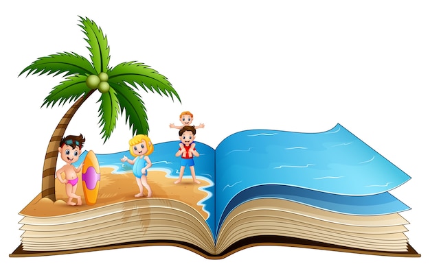 Libro abierto con niños felices en la playa tropical