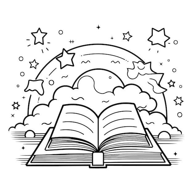 Vector libro abierto con nubes y estrellas en el cielo ilustración vectorial diseño gráfico