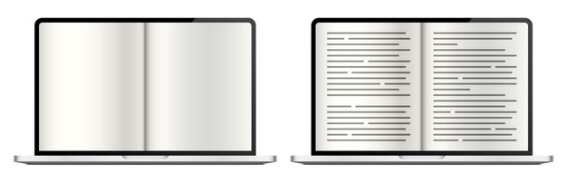 Un libro abierto en la pantalla del portátil. Lectura digital, o concepto de educación en línea, ilustración vectorial.