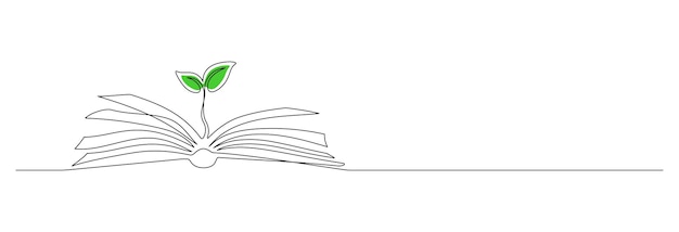 Libro abierto con planta germinada en un dibujo de línea continua