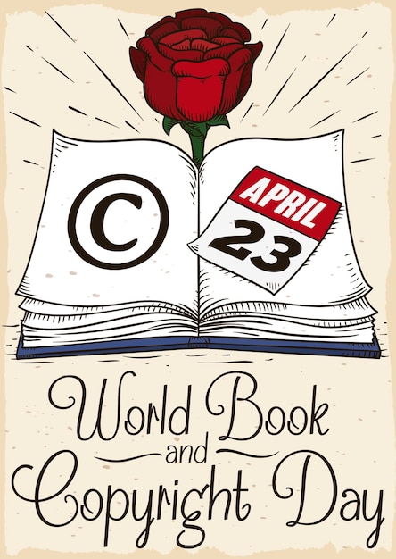 Libro abierto con rosa y símbolo de derechos de autor para celebrar el Día Mundial del Libro y los Derechos de Autor
