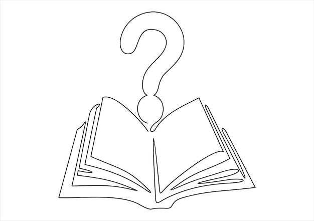 Libro abierto y signo de pregunta un dibujo de línea continua Ilustración vectorial aislada en blanco