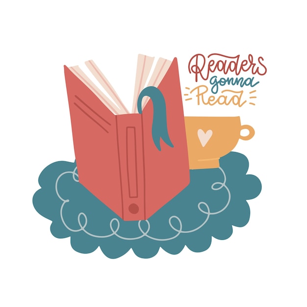 Libro abierto con una taza de café. lomo de libro con marcador. ilustración de vector plano con cita de letras - los lectores van a leer.