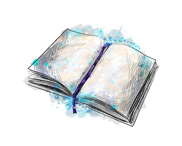 Libro abierto de un toque de acuarela, boceto dibujado a mano. Ilustración de vector de pinturas