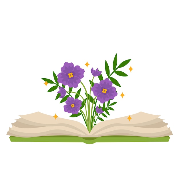 Libro abierto vectorial con un ramo de hermosas flores y estrellas.