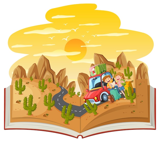 Libro abierto con un viaje en pareja en la escena del bosque del desierto.