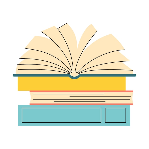 Libro abierto con vista lateral sobre una pila de páginas de libros en movimiento Ilustración vectorial en estilo minimalista sobre fondo blanco