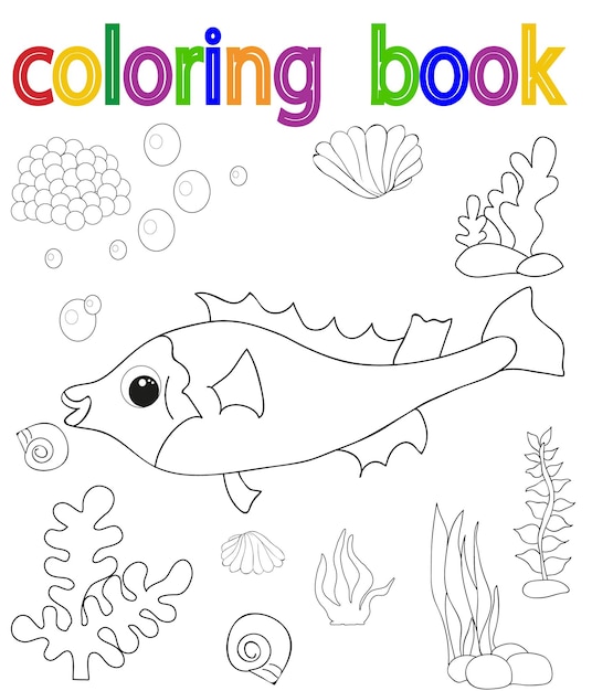 Libro aislado vectorial para colorear para niños peces en el mar