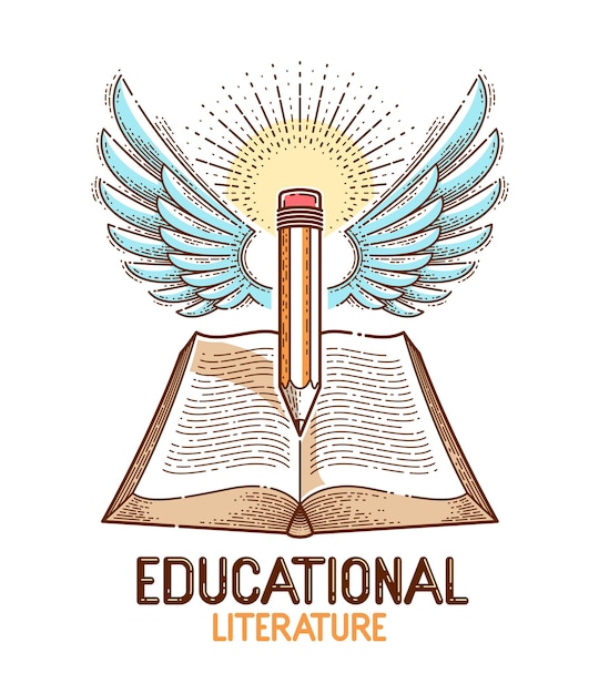 Libro antiguo y educación de lápiz alado o concepto de conocimiento científico, logotipo o emblema vectorial de la biblioteca de literatura educativa o científica.