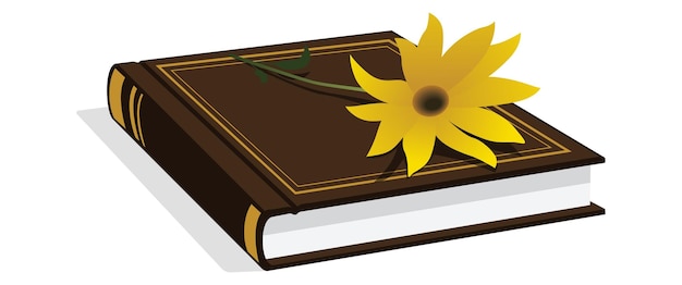 Un libro antiguo con una flor amarilla.