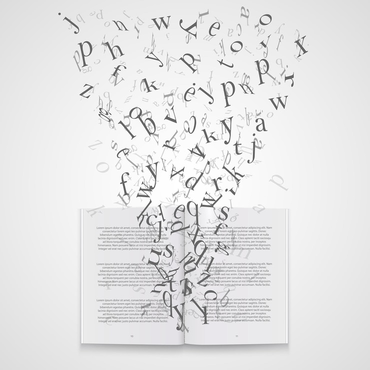 Vector libro con arte de letras voladoras. ilustración vectorial