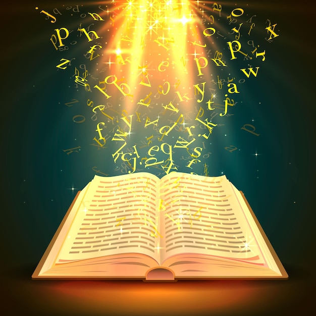 Libro con arte de letras voladoras. Ilustración vectorial