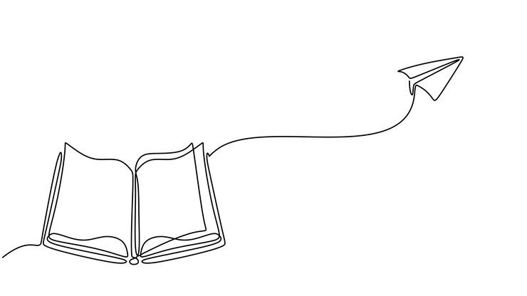 Libro y avión de papel volador dibujo de una línea continua Ilustración de vector de arte de línea dibujada a mano Estrategia creativa e innovación educativa Diseño de contorno simple minimalista