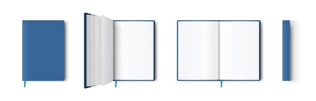 Libro azul en blanco o maqueta de bloc de notas plantilla de bloc de notas y marcador en diferentes vistas aisladas en sombras transparentes de fondo blanco