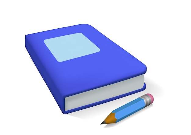 Libro azul realista y lápiz aislado sobre fondo blanco.
