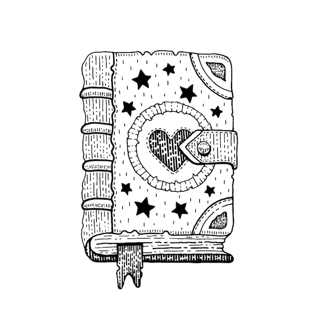 Libro de brujas Vector de magia antigua Libro de hechizos Icono de wicca de dibujos animados de tutorial con horror amor astrología