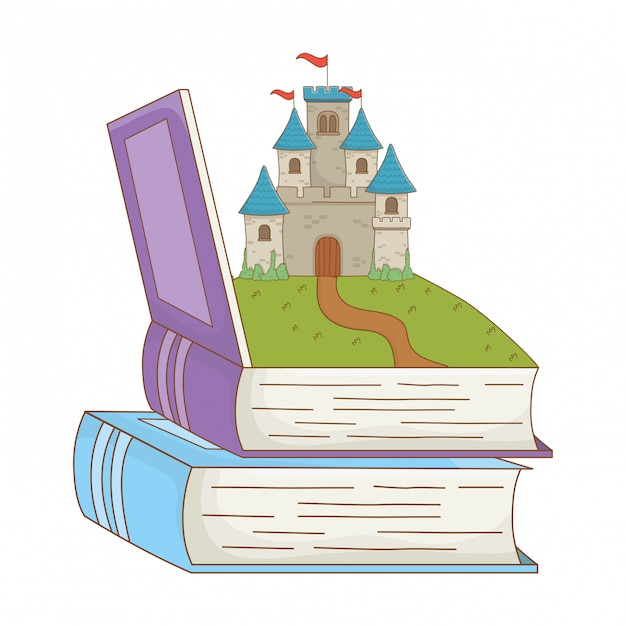 Libro y castillo de ilustración de vector de diseño de cuento de hadas