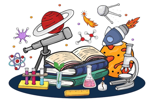 Vector libro de ciencia sobre el espacio, ilustración vectorial. concepto de educación de dibujos animados con cohete, planeta, estrella y satélite dibujado a mano. diseño creativo sobre elementos escolares, químicos y biológicos.