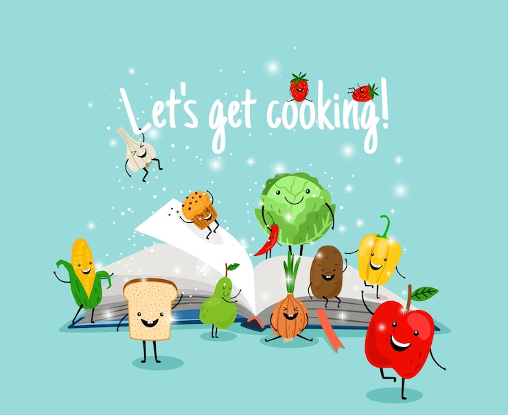 Vector libro de cocina con verduras y frutas.