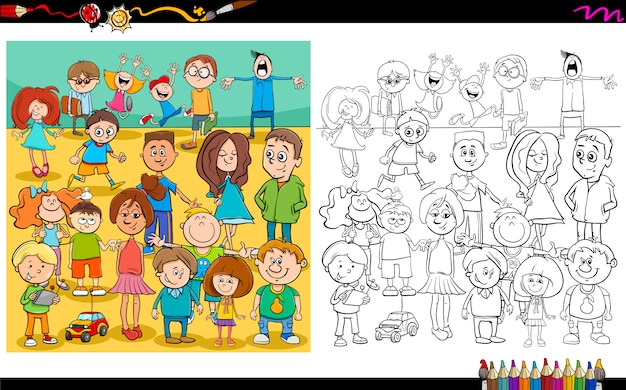 Vector libro de color de personajes para niños y adolescentes.