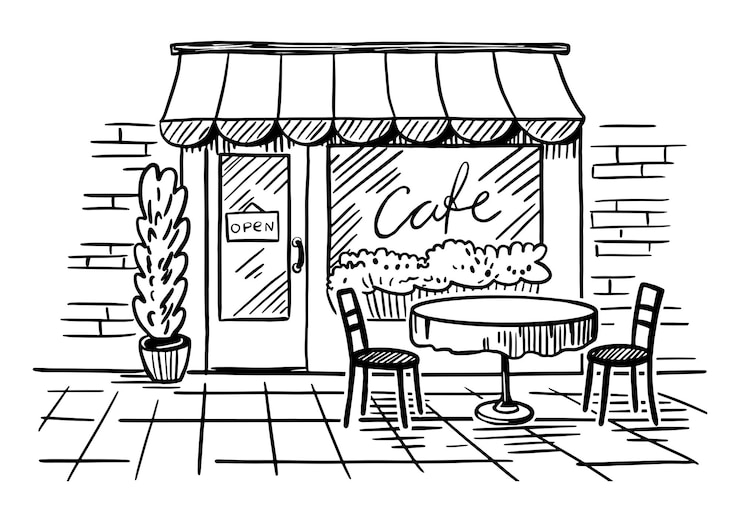 Vector libro para colorear acogedor café al aire libre al aire libre una mesa con sillas boceto dibujado a mano estilo vintage