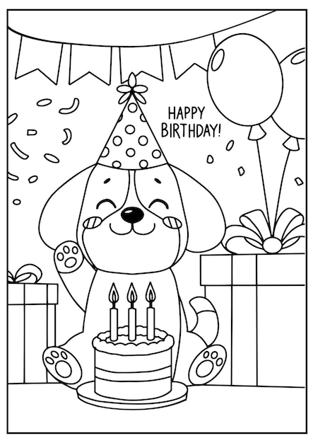 Libro de colorear el acto de cumpleaños del perro lindo