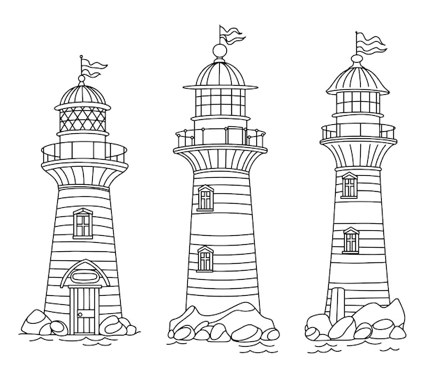Libro de colorear para adultos conjunto de faros lindo dibujo de líneas de ilustración vectorial