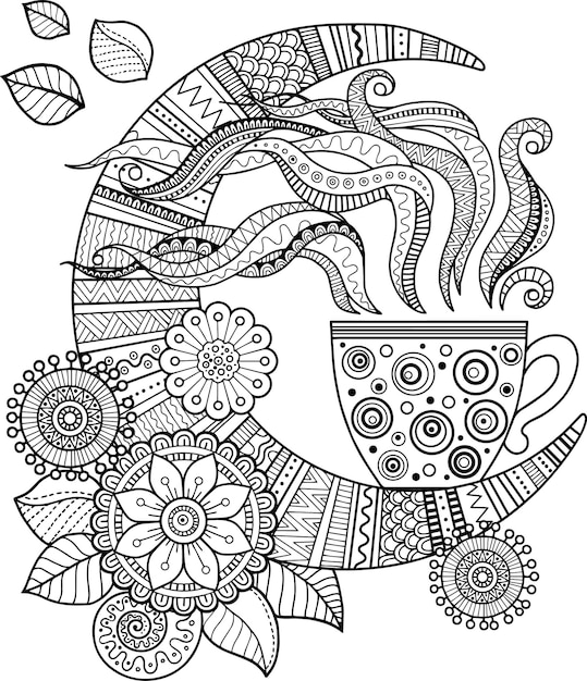 Libro de colorear para adultos. Fantasía doodle flores y taza de té sobre un fondo blanco.