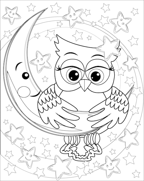 Libro para colorear para adultos y niños mayores Página para colorear con un búho en la luna entre las estrellas