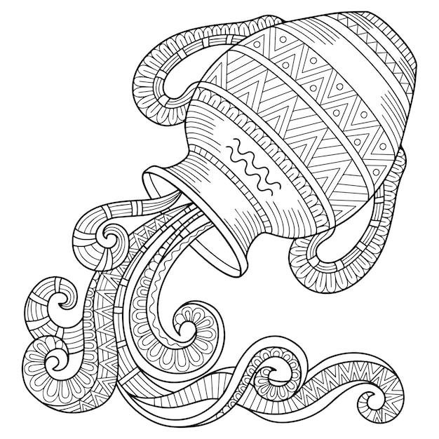Libro de colorear para adultos. Silueta de jarra sobre fondo blanco. Signo zodiacal Acuario