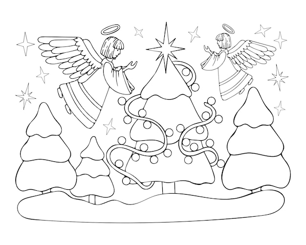 Libro para colorear ángel Arte de línea de abeto navideño Estrella de Belén en abeto Ángeles decoran guirnalda Ilustración vectorial dibujada a mano en blanco y negro