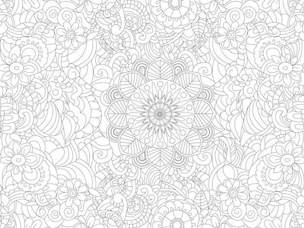 Libro para colorear antiestrés ornamento floral en toda la hoja líneas negras fondo blanco vector