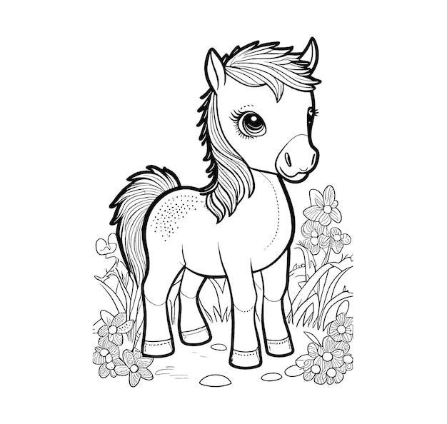 Libro para colorear de un cachorro de pony ilustración en blanco y negro para colorear con contorno de flores