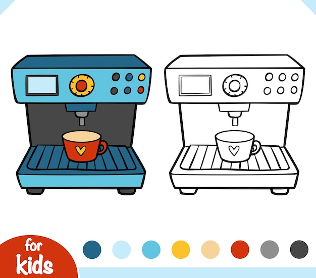 Libro para colorear Cafetera Espresso Aparatos de cocina de dibujos animados en blanco y negro