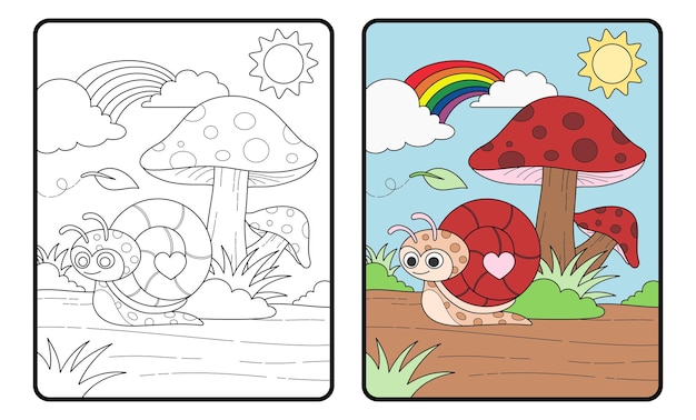 Libro de colorear de caracol y setas o página, educación