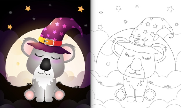 Libro para colorear con una caricatura de halloween bruja koala frente a la luna