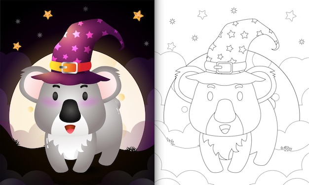 Libro para colorear con una caricatura de halloween bruja koala frente a la luna