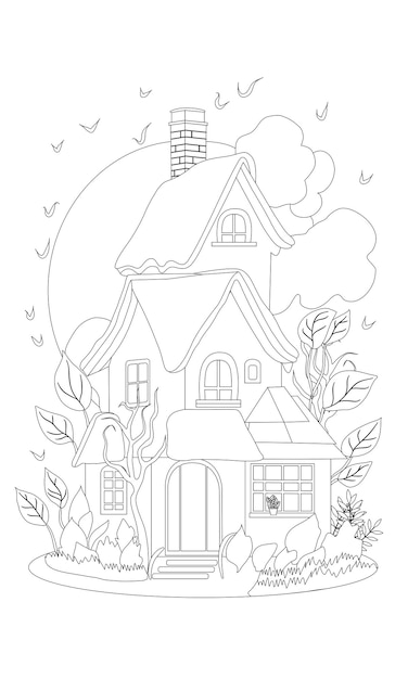 Libro para colorear Una casa en una colina con una luna llena en el fondo