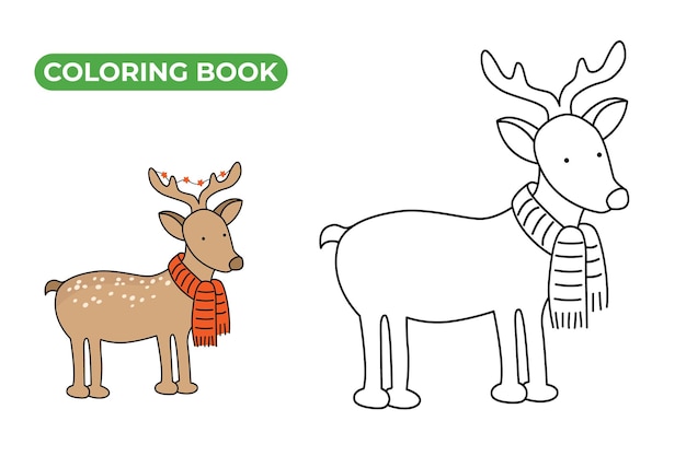 Vector libro de colorear ciervos de navidad ilustración vectorial lineal de un animal con decoraciones navideñas de año nuevo dibujo en blanco y negro de un ciervo con bufanda de invierno y guirnalda festiva con estrellas