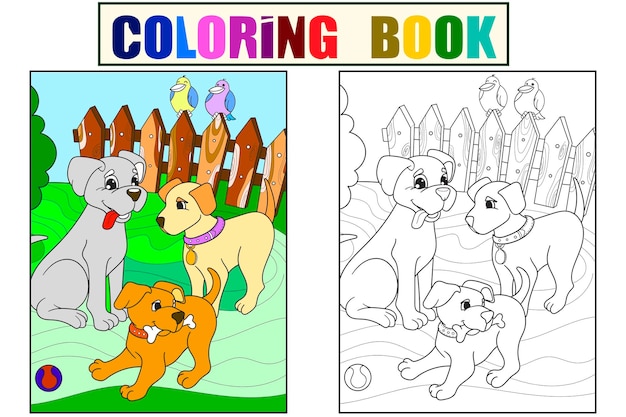 Libro para colorear y color para niños familia de dibujos animados sobre la naturaleza Mamá perro y cachorros niños