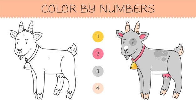 Libro para colorear de colorear por números para niños con cabra Página para colorear con una linda cabra de dibujos animados