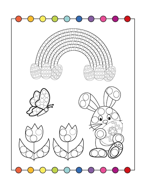 Vector un libro para colorear con un conejito y arcoíris.